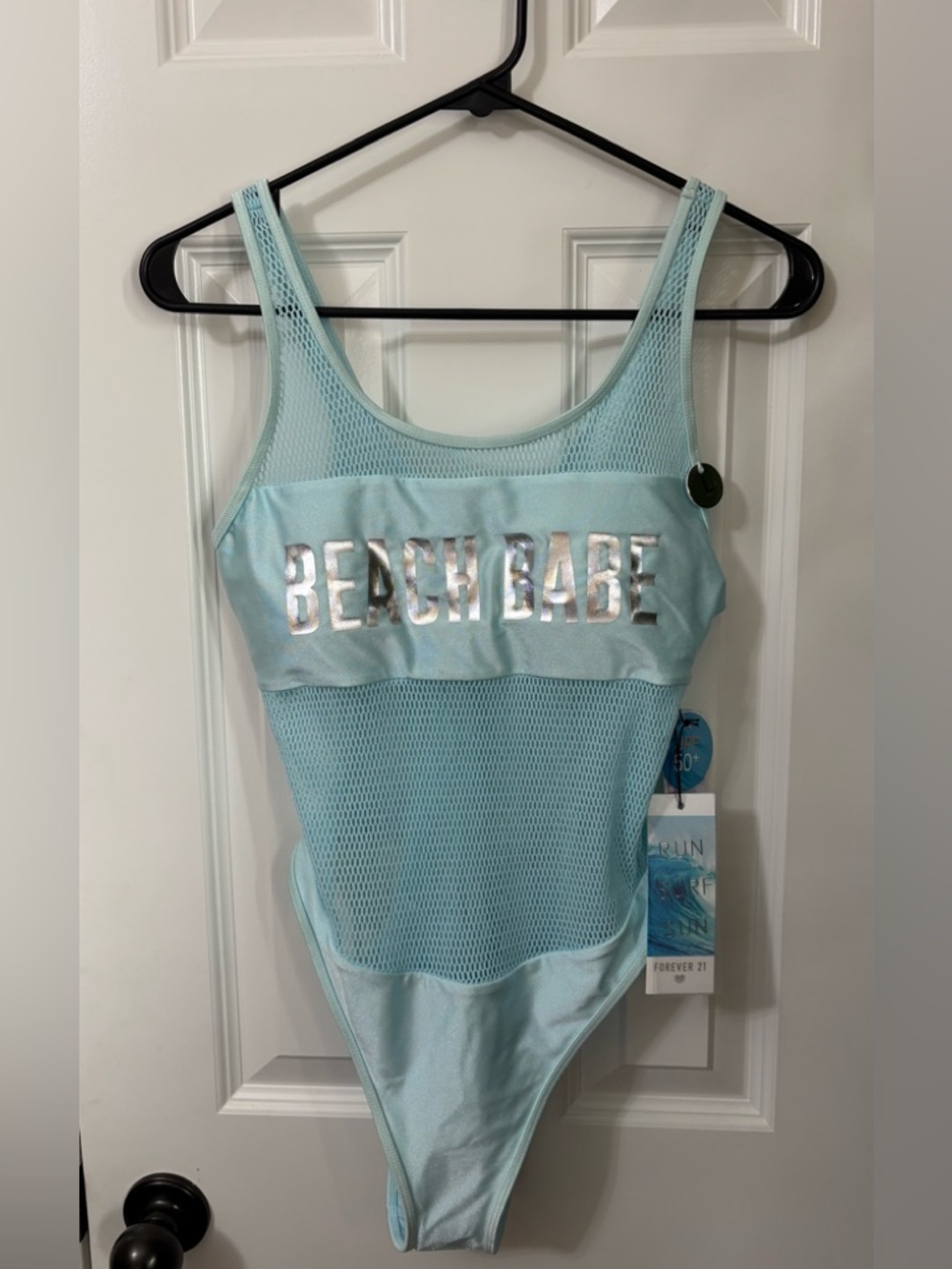 NWT Forever 21 Light Blue Shimmer 'Beach Babe' Mesh One-Piece Swimsuit Sz Large